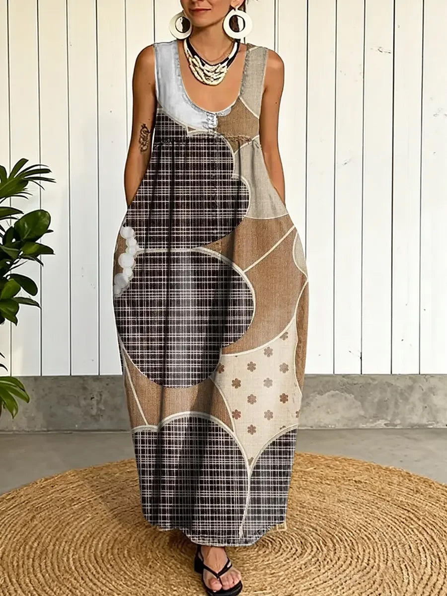 Women's Floral Art Print Washed Cotton Patchwork Pocket Shoulder Strap Dress